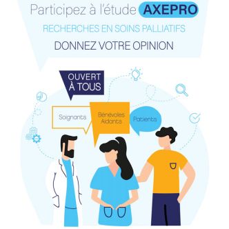 Affiche de l'étude Axepro avec trois personnages stylisés ; soignants, bénévoles et patients