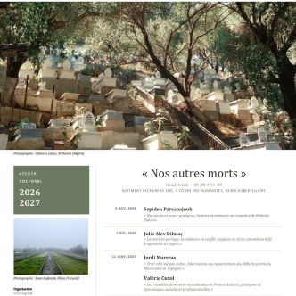 Programme de l'atelier "Nos autres morts" avec une photo de cimetière