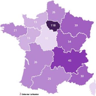 Carte de France avec la répartition des chercheurs représentée par différentes couleurs