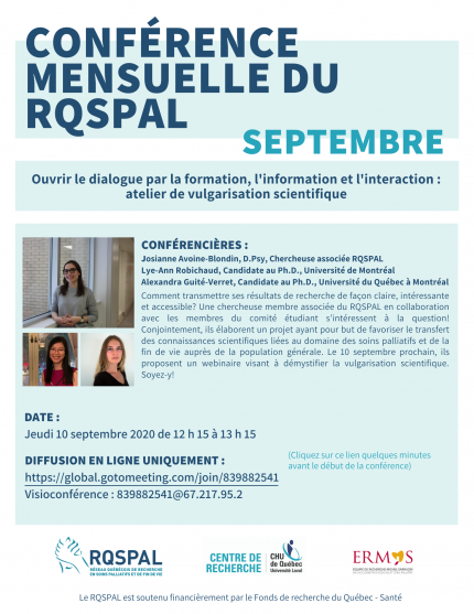 Affiche de la conférence mensuelle du RQSPAL