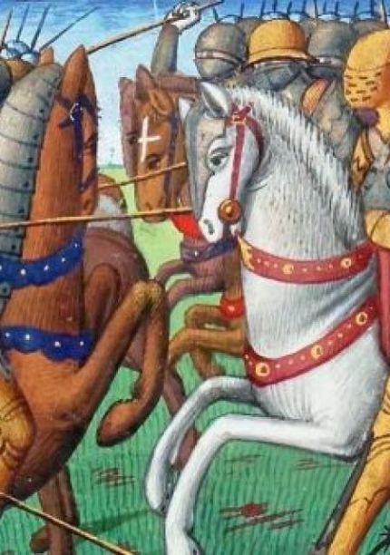 morceau de tapisserie médiévale présentant une bataille