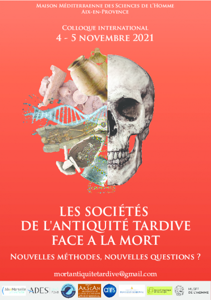 Affiche du colloque représentant un crâne, une hélice d'ADN, une amphore et divers objets 