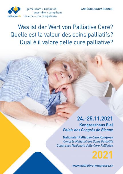 Affiche avec une vieille dame souriante couchée dans un lit et une jeune femme qui la regarde