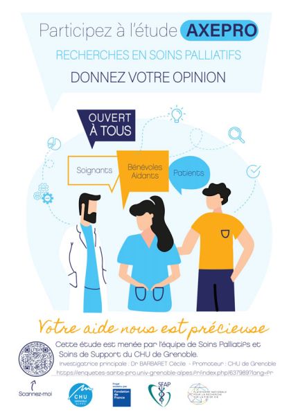 Affiche de l'étude Axepro avec trois personnages stylisés ; soignants, bénévoles et patients