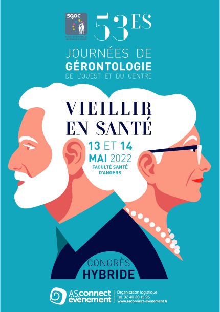 Affiche du congrès Vieillir en santé présentant deux personnes âgées dessinées dos à dos