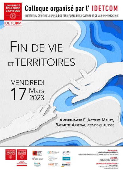 Affiche du colloque fin de vie et territoires avec deux mains qui se tendent l'une vers l'autre