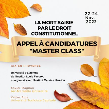 Affiche "La mort saisie par le droit constitutionnel" avec des feuilles mortes