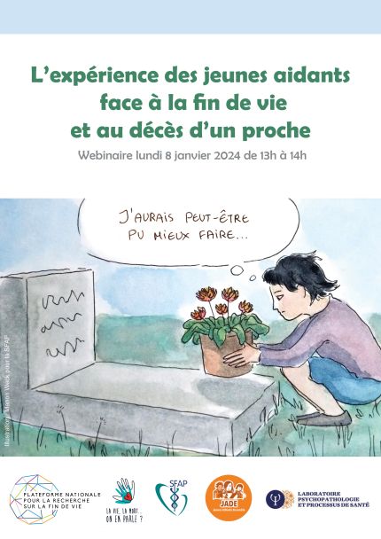 Affiche avec une illustration de Manon Weck représentant une jeune fille déposant des fleurs sur une tombe