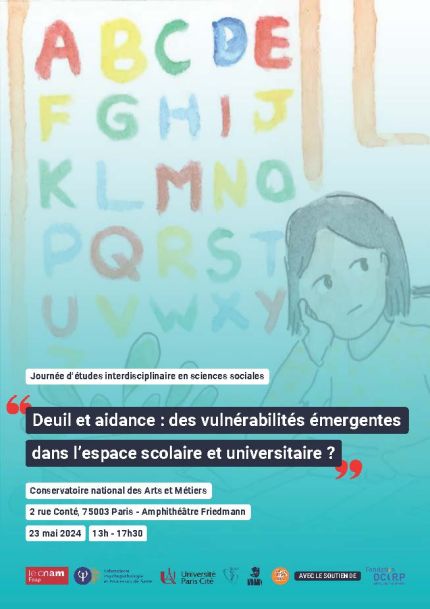 Affiche du colloque avec un dessin représentant un enfant triste et les lettres de l'alphabet