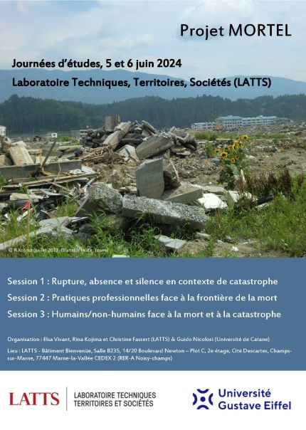 Affiche du colloque projet Mortel où on voit les débris d'un bâtiment
