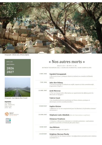 Programme de l'atelier "Nos autres morts" avec une photo de cimetière
