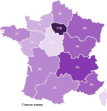 Carte de France avec la répartition des chercheurs représentée par différentes couleurs